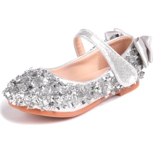 Children Princess Flower Shoes Bowknot Back Girl Dress Flats Silver Pink Bridesmaids Heel Pump Shoes Kids Mary Jane School Shoes
