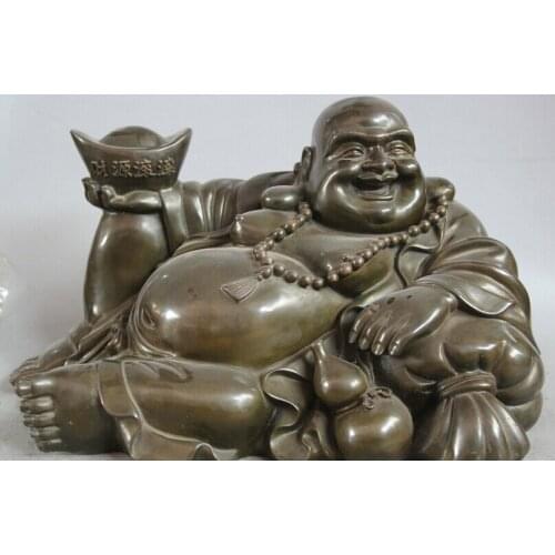 USPS to USA S2383 17" Chinese Buddhism Bronze calabash Seat Happy Laugh Maitreya Buddha Statue