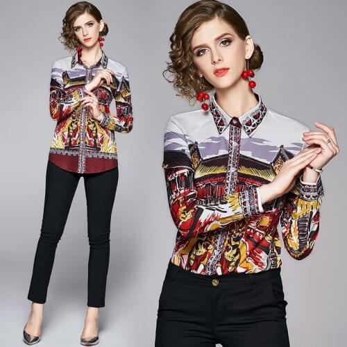 New Spring Summer Fall Runway Vintage Print Collar Button Front Long Sleeve Womens Ladies Party OL Casual Top Shirts Blouse