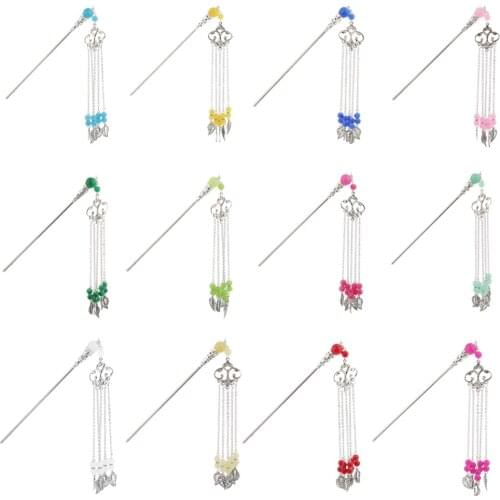 Lady Girls Long Tassel 6 inch with Beads Ancient Chinese Cosplay Drama Hair Stick Pin Pick Solid Metal Headwear Accessories