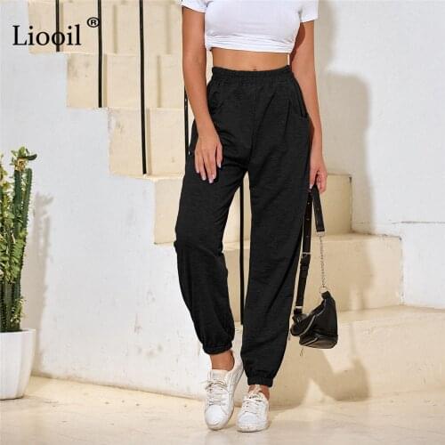 Liooil High Waist Casual Sweatpants For Women 2021 With Pockets Loose Pants Jogger Black Trousers Ladies Trousers Streetwear