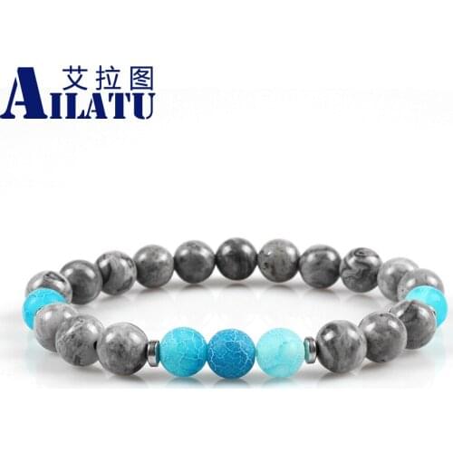 Ailatu New Design Lovers' Favorite Bracelet Jewelry Made of 8mm Blue Weathering Onyx and Grey Picture Stone Beads