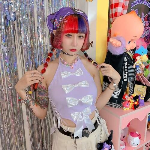 Women Sexy Vest Summer Hot Girl Bow Halter Purple Sling Japanese Harajuku Y2K Sweet Slim White Lace Short Tops