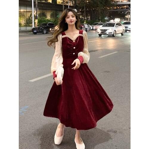Sannian Women Dress Retro Velvet Mid-length Dresses Spring 2021 New Waist Slim Red Sexy Cute Lace Sleeves Dresses Women Clothes