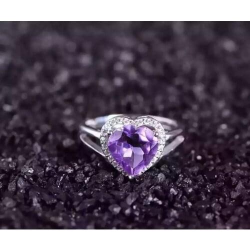 Natural amethyst gem Ring S925 Silver Natural Gemstone Ring Fashion Elegant Romantic heart Womens party gift Rings Jewelry