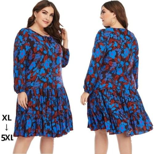 2021 Summer Fashion Style Women O-neck Long Sleeve Printing Plus Size Knee-length Dress XL-5XL Woman Dress Dresses for Women