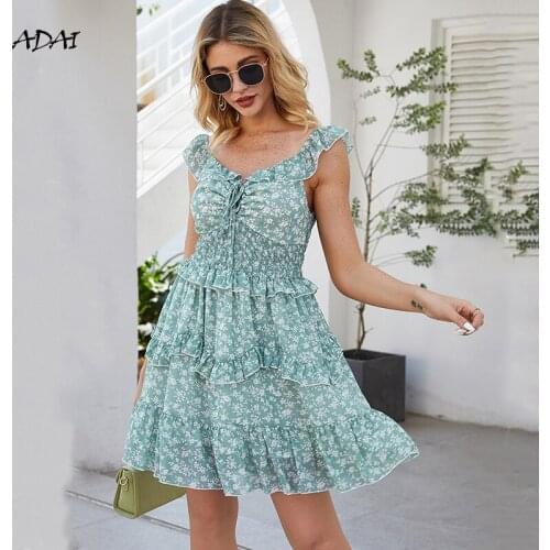 Summer Strap Dresses for Women Casual Cascading Ruffle High Elastic Vestidos Draw String Dress 2021 Elegant Floral Print Dress