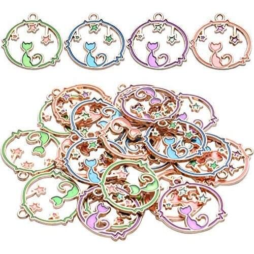 20 pcs Gold Plated Enamel Cat Charms Round Cute Kitten Pendant DIY Craft Accessories for Necklace Jewelry Findings, 4 Colors