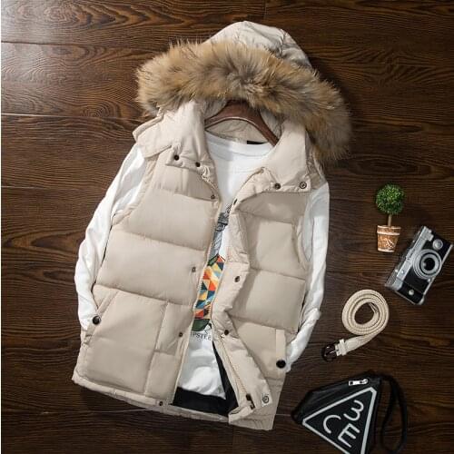 2021 Mens Autumn Winter down Cotton-Padded Fur Collar Hood Vest Teenagers Pure Color Warm Keeping Casual Vest