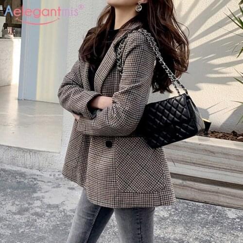 Aelegantmis Winter Fashion Vintage Women Plaided Woollen Coat Female Thicken Blazers Jackets Korean Slim Outwear Coat with Belt