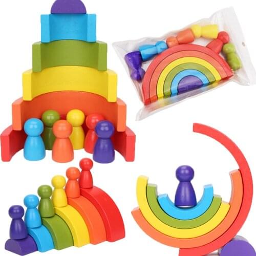 12pcs 14cm Wooden Rainbow Stacker Small Nesting Puzzle Blocks Montessori Educational Toys for Kids Baby Toys