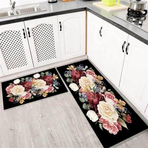 European Retro Black Flower Rugs For Kitchen Luxury Floral Printed Flannel Mat In The Bathroom Nordic Bedside Mat Doormat