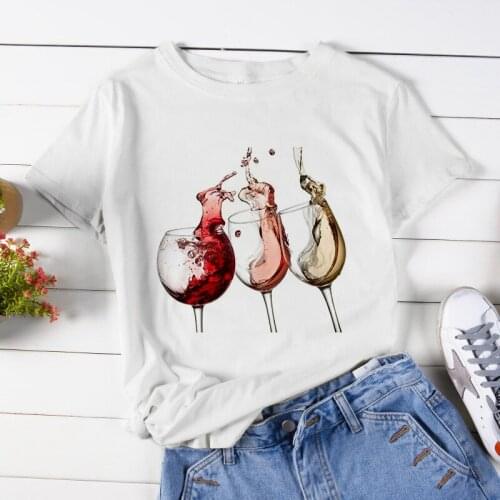FIXSYS Wine Glass Funny Graphic Print T-shirt Women Harajuku Aesthetic Whit Tops Casual Tshirt Short Sleeve Female T Sh