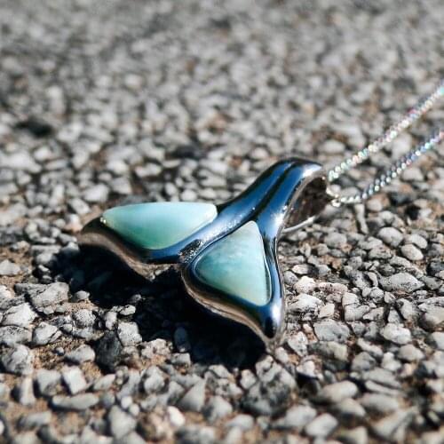 Dainty Jewelry 925 Sterling Silver Sea Animals Natural Larimar Whale Tail Pendant Necklace For Women Gift