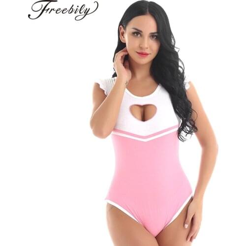 Womens Adult One Piece Bodycon Lingerie Nightwear Heart-shaped Cutout Bust Crotch Romper Jumpsuit Bodysuit Sexy Cosplay Costumes