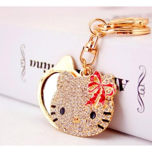 Creative Cute Set Cartoon Kitten Head Makeup Mirror Keychain Women Bag Accessories Metal Pendant Key Ring