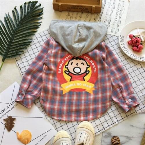 Tonytaobaby Autumn Clothing New Style Baby Cartoon Long Sleeve Hooded Plaid Shirt Boy Shirt