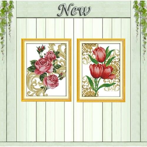 Roses flower Tulips beautiful painting counted print on canvas DMC 14CT 11CT Chinese Cross Stitch Needlework Set Embroidery kits