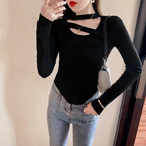 Sexy V Neck Long Sleeve T-shirt Women Black Blue Tee Shirt Femme 2021 Spring Solid Hollow Out Tshirt Korean Top Womens Clothing