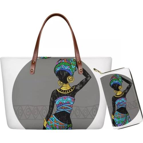 Handbags&Wallet Women Black Art African Girls blue hair Print 2pcs/set Hand Bags girl Travel Tote shoulder Bag for Females Bolsa