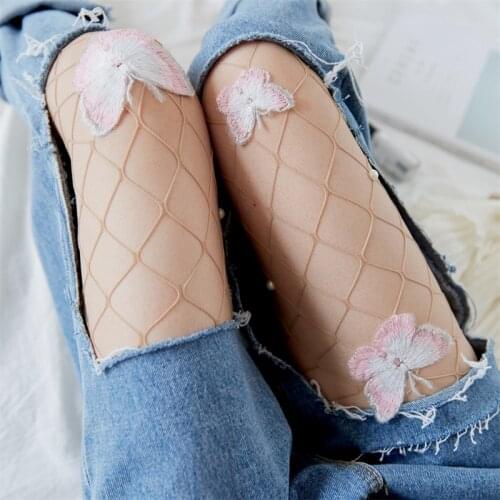 Embroidered Hot Drill Mesh Socks Fishnet Socks Pink Butterfly Large Fishnet Sexy Tights for Women