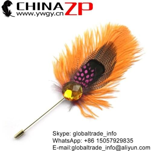 Yiwu ZP Co., Ltd Good Quality Handmade Ostrich Guinea and Duck Feathers with Rhinestone Brooch Pin