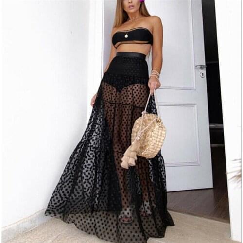 Women Sexy Wraps Skirt Polka dots High Waist Sheer mesh See-Through Transparent Long Maxi Skirt Lady Party Casual Clothing Femme