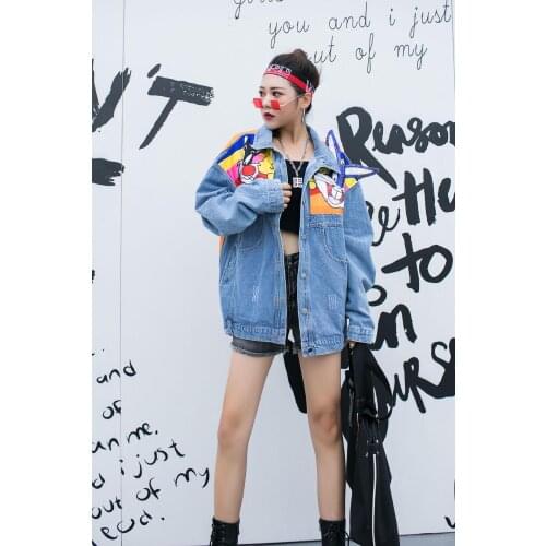 HAOLONGHAN Womens Fall/Winter 2021 Denim JacketLapel Patch Cartoon Pattern Ladies JacketLoose Long-Sleeved Denim Jacket Women