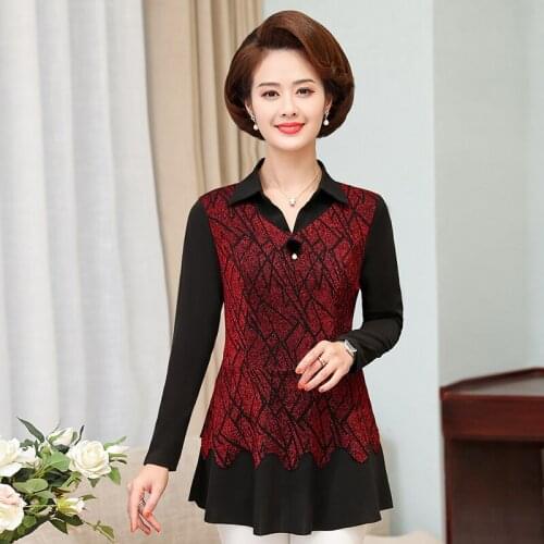 Long Sleeves T-Shirts Turn-Down Collar Women Tee Shirt Femme 2021 Spring Fall 5XL Large Size Middle Age Mother Tops Pullover