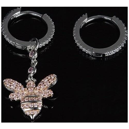 SLJELY High Quality Luxury Brand 925 Sterling Silver Asymmetrical Pink Bee Earrings Cubic Zirconia Women Fine Party Jewelry