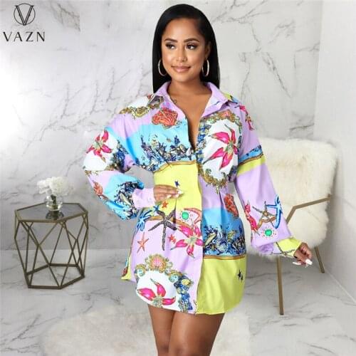 VAZN 2021 Spring Fashion Hot Sale Women Street Casual Style Dresses Long Sleeve Lapel Dresses Printed Shirt Short Dresses
