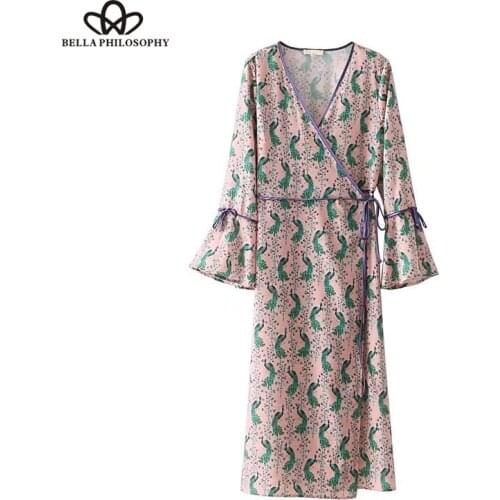 Bella Philosophy women prairie chic shirt dress loose print empire V Neck holiday dress fashion sashes flare sleeve beach dress