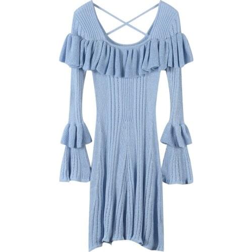 2020 spring autumn women flare sleeve knitted dress designer girls sweet ruffles slim sweater dresses light blue JC490