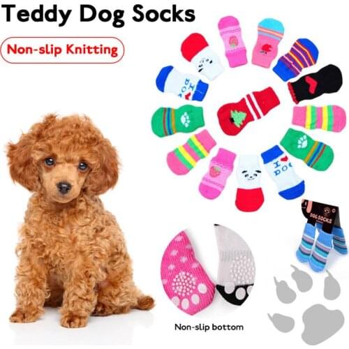 4pcs/Set Warm Puppy Dog Knitted Socks Cute Cartoon Non-slip Soft Shoes For Small Dogs Breathable Pet Products S/M/L/XL