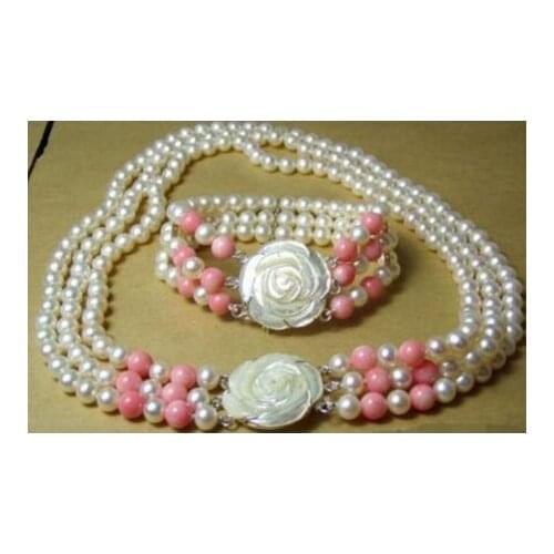 Wonderful Lucky Jewelry Natural freshwater pearl 3 row 7-8MM pearl necklace and bracelets Coral necklace