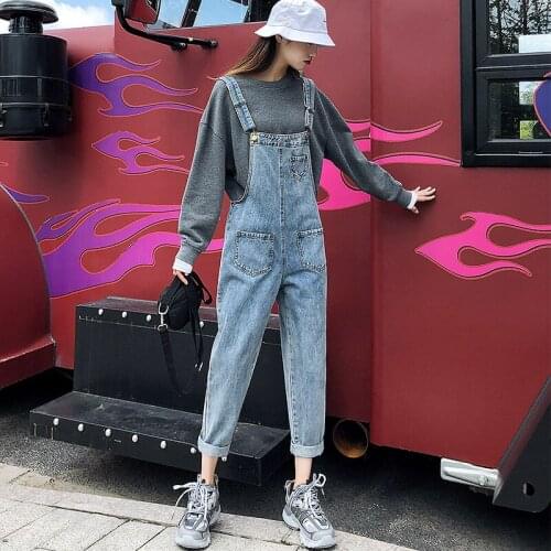 Spring Women Jeans Overalls Fashion Casual Baggy Jumpsuit Denim Pants Female Solid Loose Casual Blue Bib Trousers Clothes