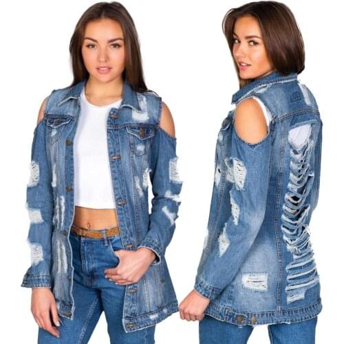 Girl Blue Denim Jacket moschino Women 2020 Autumn Off Shoulder Coat Ripped Oversized Outerwear Female Jeans Coat женская куртка
