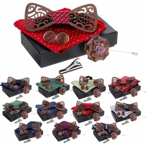 3D Wooden Bow Tie Handkerchief Set Cufflinks Fashion Wood Bow Tie Wedding Dinner Handmade Corbata Wooden Ties Gravata Set