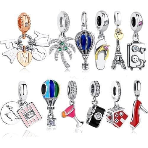 Original 925 Sterling Silver Charm Beads Family House Eiffel Tower Camera Travel Suitcase Charm Fit Bracelet DIY Jewelry