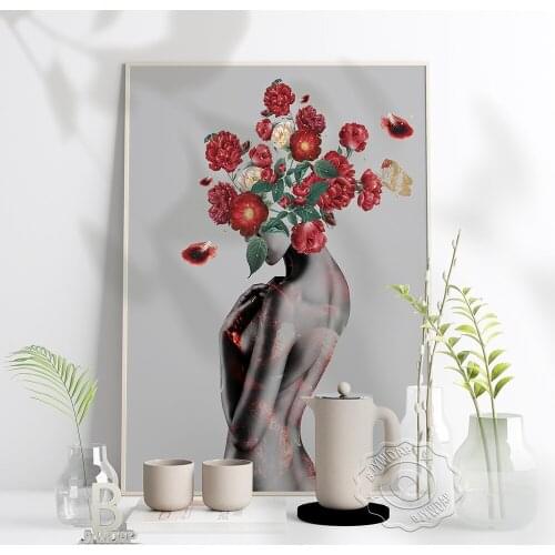 Sexy Girl Body Art Flower Illustration Poster, Feather Dried Flower Wall Art Canvas Painting, Nordic Wall Pictures Home Decor