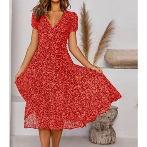 Women Dress Casual Polka Dot Print Short Sleeve V-Neck Female Party Dress Loose Refreshing Dress Knee-length Vestido Женский