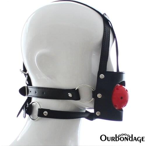 Ourbondage PU Leather Strap Hollow Muzzle Gag Plastic Ball Head Belt Harness BDSM Bondage Mask Restraints Sex Toys For Couples