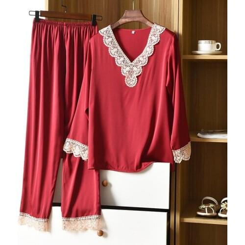 Full Sleeve Shirt&Pant Women Rayon Pajamas Sets Sexy V-Neck Lace Floral Pyjamas Suit Sleepwear Summer Lounge Nightwear Home Wear