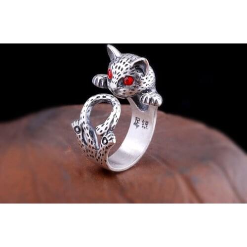 S990 Pure Silver Jewelry European and American Womens Matte Frosted Cat Ring