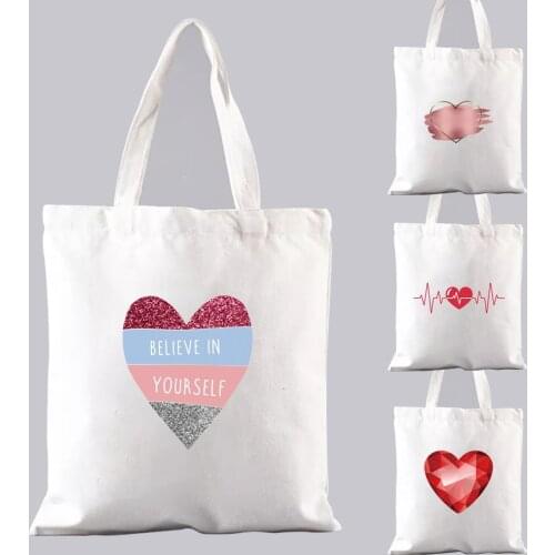 Female Eco Shopping Bag Canvas White Tote Bag Shopper Bolsas Love Hearts Pattern Printing Series Handbags Reusable Shoulder Bag