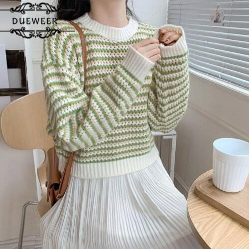 DUEWEER Sweater Women Knitted Pullovers O-Neck Striped Sweet Loose Trendy Korean Style Lovely All-match Chic Leisure Outwear