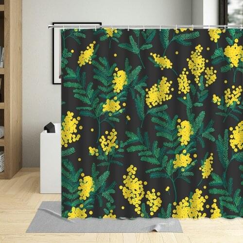 Spring Flowering Floral Plants Black Background Shower Curtain Blooming Mimosa Flowers Lotus Leaf Pattern Bathroom Curtains Set