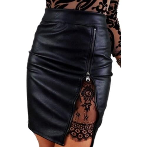 Women PU Leather Pencil Mini Stretchy High Waist Lace Patchwork Zipper Evening Party Knee Length Bodycon Skirts