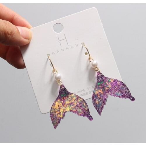 Fairy Mystery Purple Gradient Arcylic Mermaid Tail Long Drop Earrings for Women Girls Pearl Earrings Wedding Bridal Jewelry