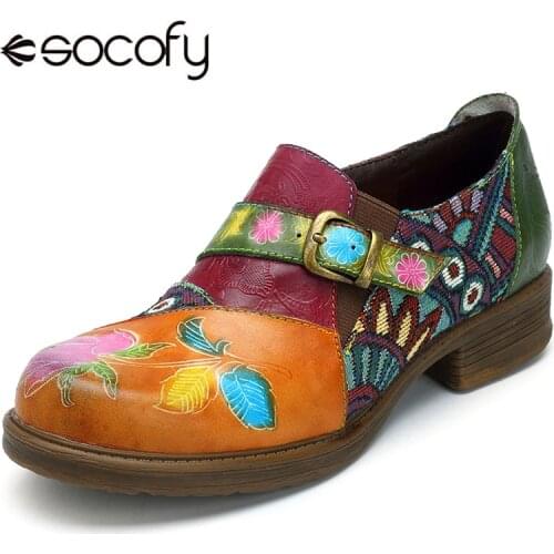 Socofy Vintage Flat Shoes Women 2018 Genuine Leather Bohemian Jacquard Patchwork Zipper Flats Retro Casual Ladies Shoes Woman